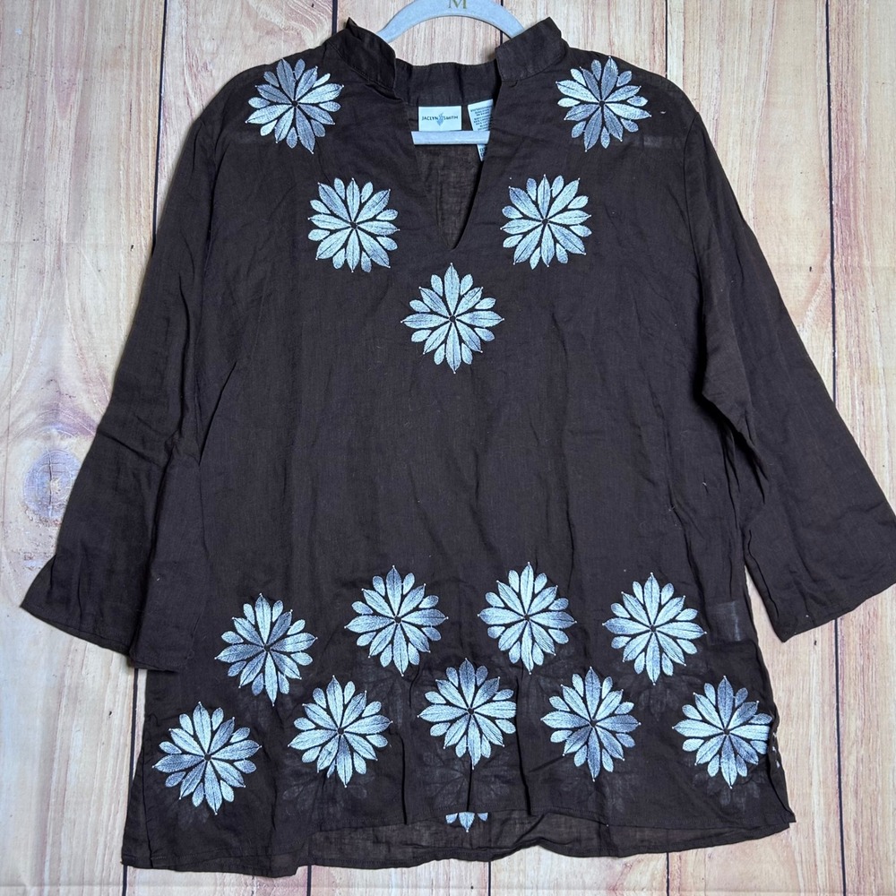 Jaclyn Smith Tunic Top Womens XL Brown Embroidered Linen Blend Boho Coastal